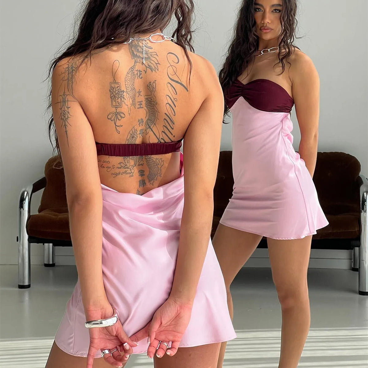 Women Contrast Mini Tube Dress Slim Fit Ruched Off Shoulder Sleeveless Open Back A-line Short Dresses for Party Club