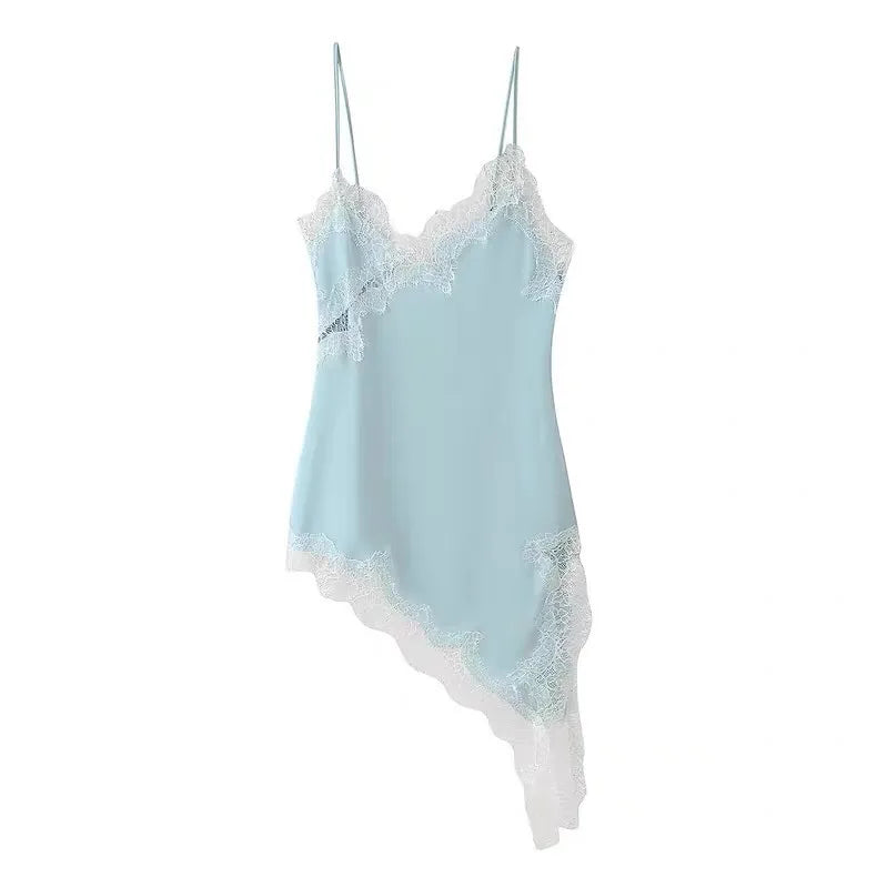 Women Y2K Lace Trim Satin High Low Tops Silk Spaghetti Strap Side Split Asymmetrical Cami Top Flowy Silky Layering Tops