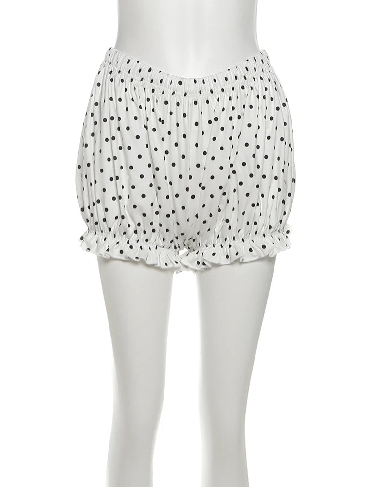 Polka Dots Print Women 2 Piece Set Sexy Halter Camisole+Elastic Bubble Shorts Matching Clubwear Beach Vacation Outfit