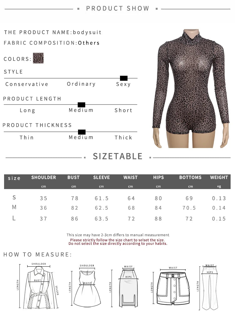Leopard Print Romper Women See Through Sexy Full Sleeve Turtleneck Fall Fit Skinny Playsuit Stretch Midnight Clubwear