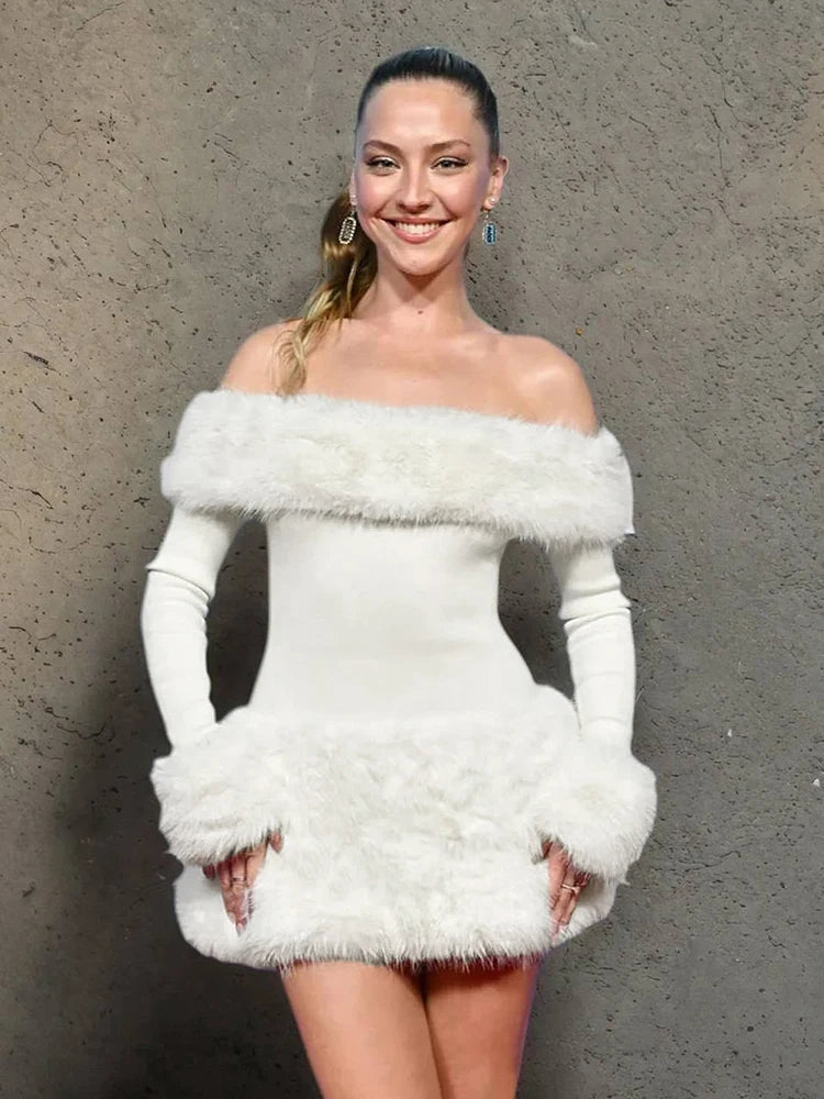 Christmas Elegant Dress Women Patchwork Fluffy Slash Neck Full Sleeve Winter Trend Skinny Birthday Party Mini Bodycon