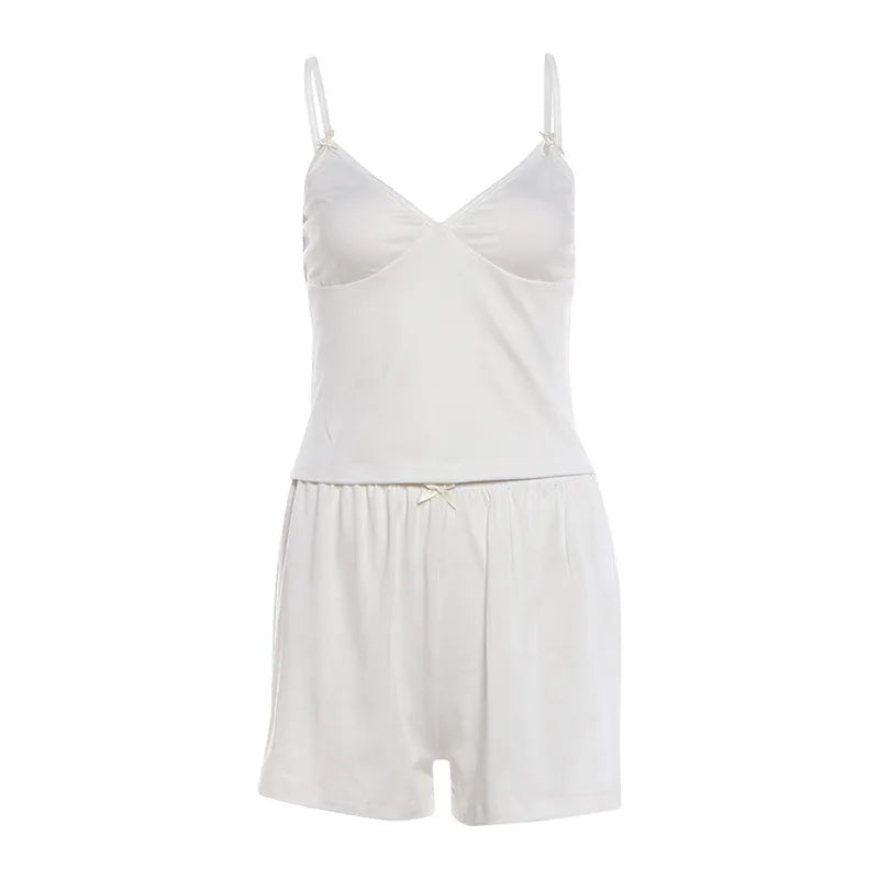 Sporty Streetwear Women Trend Simple 2-Piece Set Trend Fashion Bow Appliques Low Chest Camisole+Shorts Hottie Suits