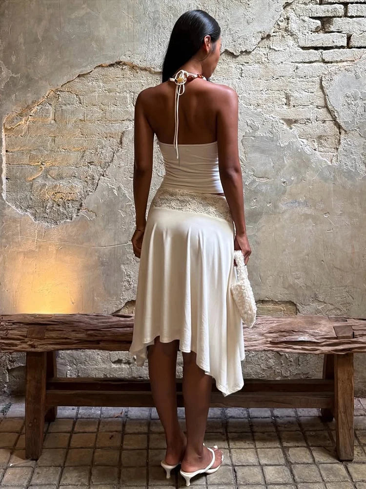 Patchwork Jacquard Simple 2-Piece Set Women Halter Bandage Backless Vest+Irregular Hem Folds Skirt Elegant Party Suit