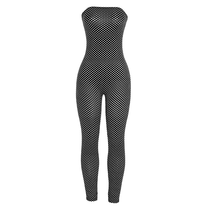 Sexy Polka Dot Print Jumpsuit Women Strapless Skinny Midnight Tight Stretch Workout Activity Hipster Skinny Overalls