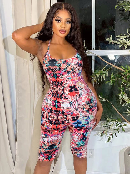 Colorful Print Jumpsuits Women Halter Low-Neck Backless Sleeveless Skinny Stretch Wrap Hip Midnight Hiptser Rompers