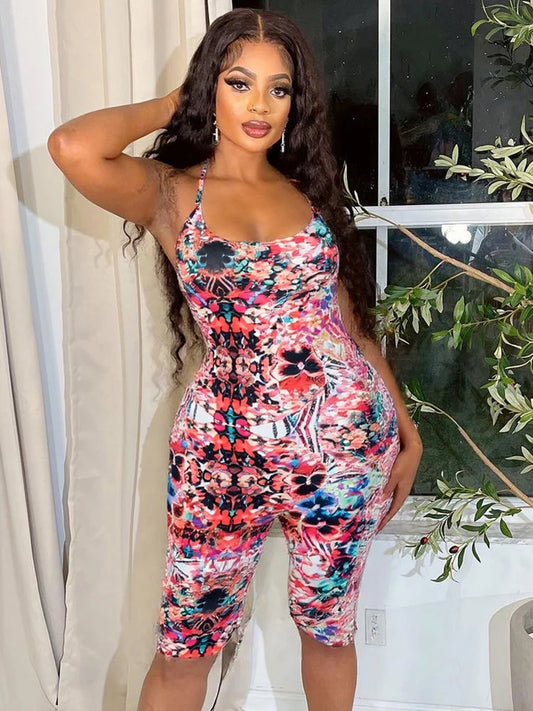 Colorful Print Jumpsuits Women Halter Low-Neck Backless Sleeveless Skinny Stretch Wrap Hip Midnight Hiptser Rompers