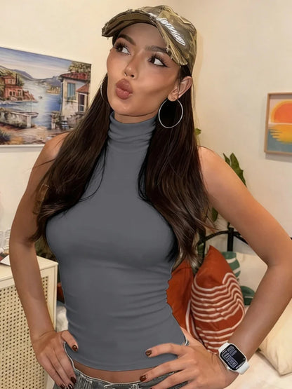 Sleeveless Turtleneck Hollow Backless Crop Top Sexy Black White Tank Tops 2026 Summer Fashion Woman Clothes