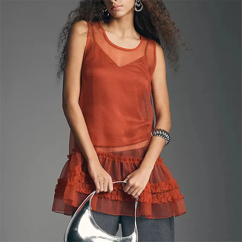Women Sheer See Through Tank Tops Summer Layered Ruffle Sleeveless Shirt Basic Vest Y2K Aesthetic Clothes for Streetwear