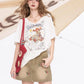 Playful Cartoon Print V-Neck Oversized T-Shirt, Drop Shoulder Casual Graphic Tee, Streetwear Loose Top for Women