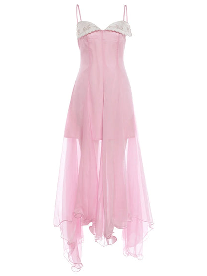 Patchwork Maxi Dress Women Low-Neck Ruffles Sleeveless Irregular Hem Skinny Summer Elegant Birthday Party Vestidos