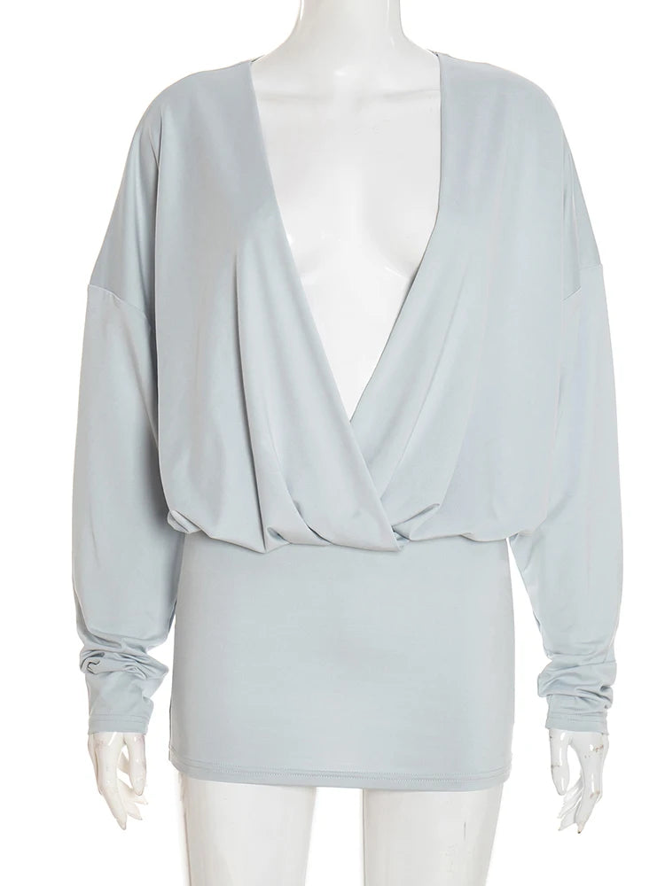 Sexy V-Neck Dress Women Elegant Peach Hip Full Sleeve Autumn Fashion 2025 Banquet Party Clubwear Skinny Mini Bodycon