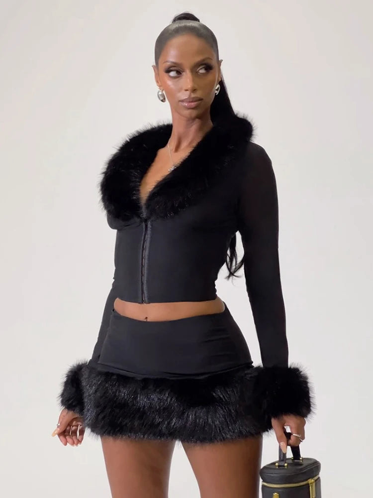 Elegant 2 Piece Set Woman Furry Patchwork Autumn Style Hidden Breasted Full Sleeve Crop Tops+Mini Skirts Fashion Suits