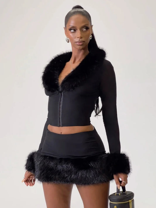Elegant 2 Piece Set Woman Furry Patchwork Autumn Style Hidden Breasted Full Sleeve Crop Tops+Mini Skirts Fashion Suits