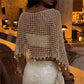Summer Hollow Knit Coin Tassel Crop Poncho Women Off Shoulder Beach Bikini Cover Up Bohemian Vacation Layering Cape