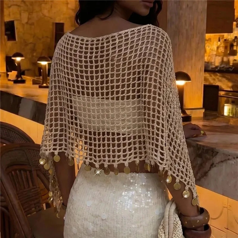 Summer Hollow Knit Coin Tassel Crop Poncho Women Off Shoulder Beach Bikini Cover Up Bohemian Vacation Layering Cape
