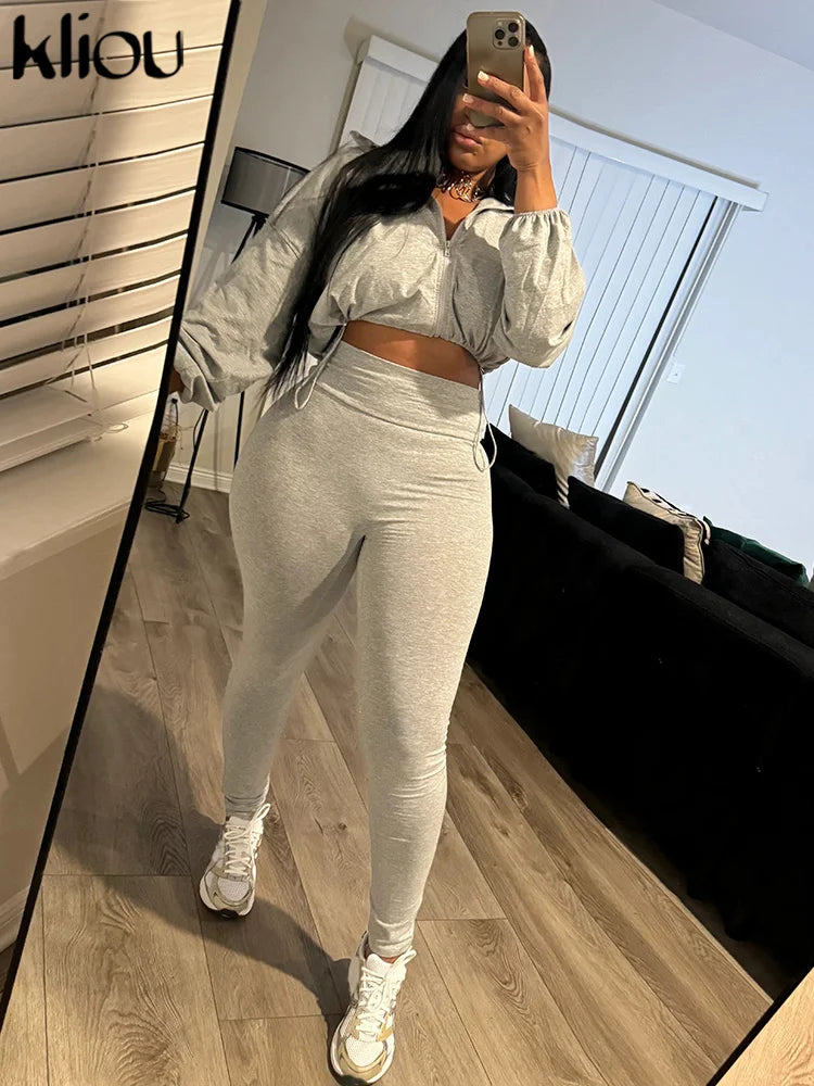 Basic Women 2 Piece Set Classic Solid Long Sleeve Drawstring Zip-up Coats+Slim Pants Female Autumn Casual Sporty Outfits
