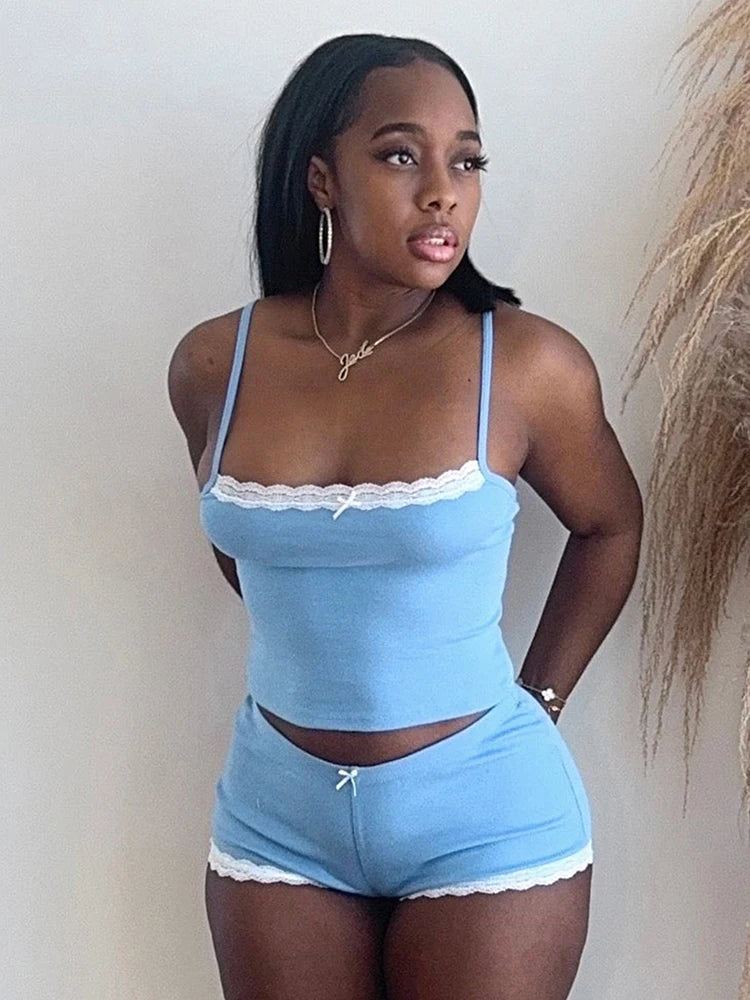 Lace 2 Piece Set Women Sporty Casual Tracksuit Camisole Tops+Shorts Matching Tight Streetwear Skinny Stretch Outfits