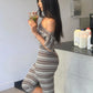 Stripes Print 2 Piece Set Women Trend Slash Neck Half Sleeve Crop T-Shirt+Capri Pants Casuals Chic Street Sport Suits
