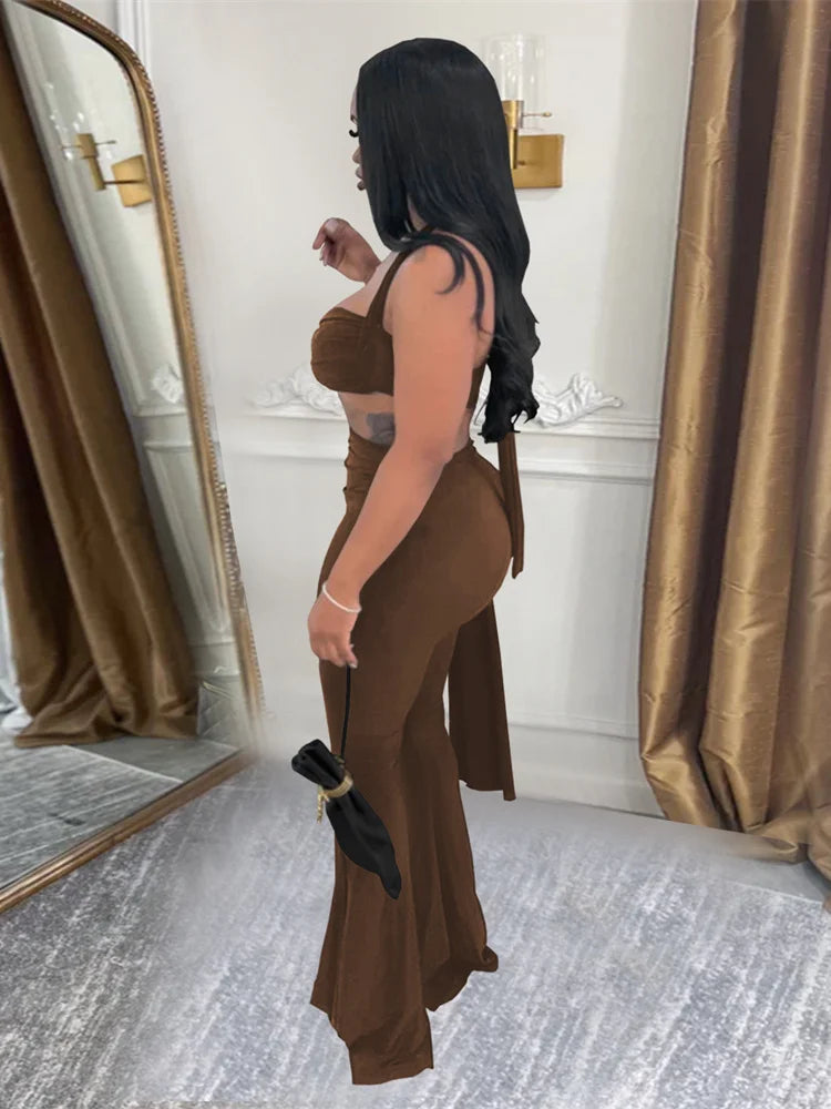 Sexy Chic 2 Piece Set Women Summer Halter Backless Knot Camisole+Metal Ruched Ribbon Flare Pants Matching Outfits