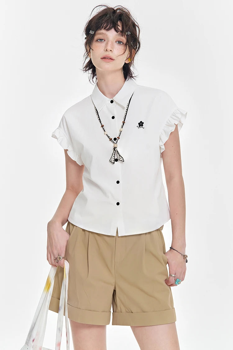 Solid White Collared Shirt, Embroidered Short Sleeve Blouse, Preppy Necktie Decor Casual Top for Women