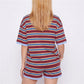 Striped Two Piece Outfit Women Contrast Trim Oversized Short Sleeve Tee And Elastic Waist Shorts Casual Loungewear Set