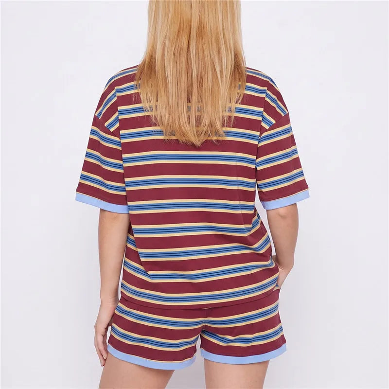 Striped Two Piece Outfit Women Contrast Trim Oversized Short Sleeve Tee And Elastic Waist Shorts Casual Loungewear Set