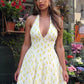 Yellow Floral Printed Skater Dress Sexy Deep V Neck Backless Short Summer Dresses Woman Clothing