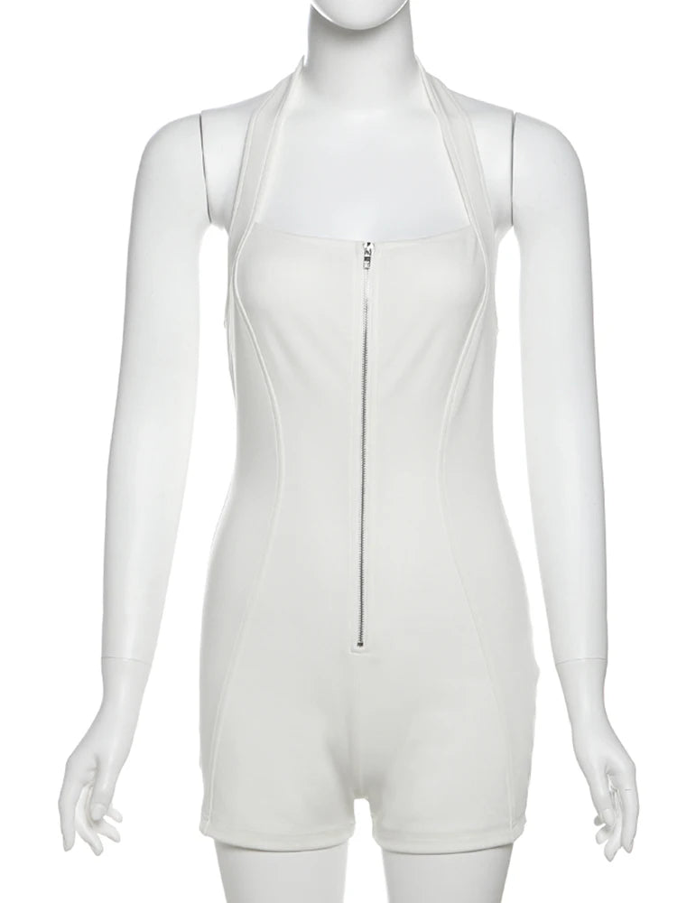 Stretch Fitness Romper Women  2025 Summer Zip Halter Sporty Hipster Backless Sleeveless Playsuit Casual Trend Outfits