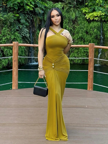 Sexy Cross Ruched Dress Women Elegant Sleeveless Metal Buckle Patchwork Classic Fashion Evening Party Gown Bodycon