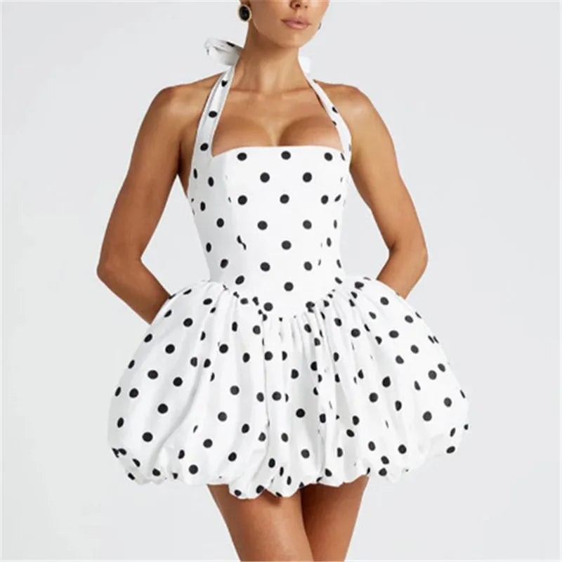 Women Fashion Cocktail Mini Dress Solid/Dots Print Halter Neck Bubble Dress Tie Up A Line Dress Sexy Corset Club Dresses