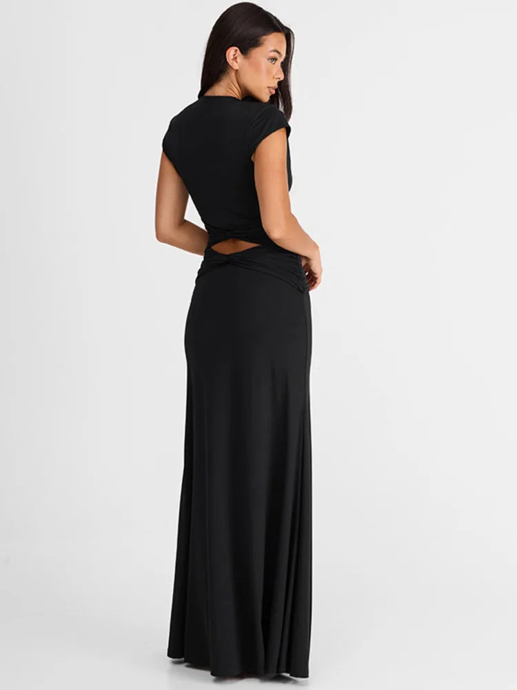 Deep V Cap Sleeve Maxi Dress Women Twist Ruched Waist Cut Out Bodycon Long Dress Night Out Wedding Guest Party Gown