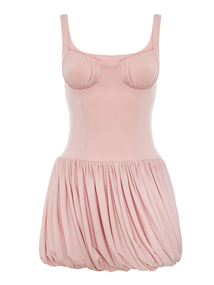 Fashion Spaghetti Strap Sexy Mini Dress Women Elegant Sleeveless Backless High Waist Pleated Club Party Dress 2025
