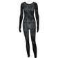 See Through Seamless Striped Jacquard One Piece Long Sleeve Jumpsuit Sexy All Black Outfits for Woman Baddie