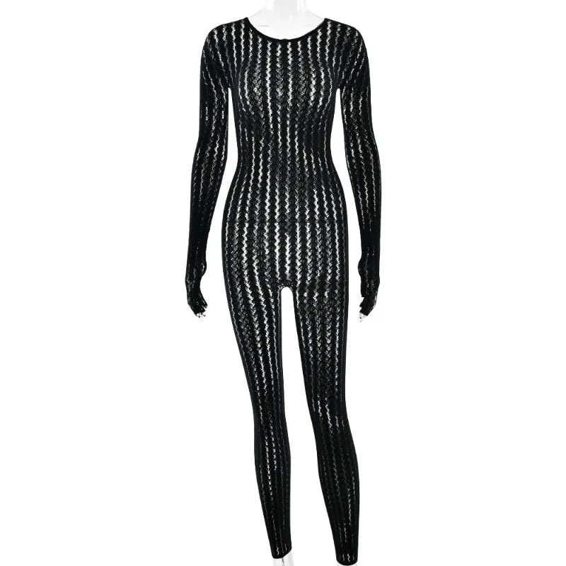 See Through Seamless Striped Jacquard One Piece Long Sleeve Jumpsuit Sexy All Black Outfits for Woman Baddie