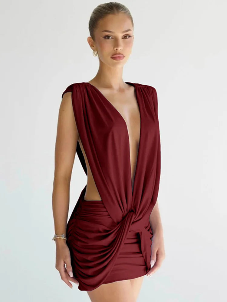 Deep V Neck Sleeveless Sexy Mini Dress Women Elegant Hollow Out Backless High Waist Ruched Skinny Club Party Dresses