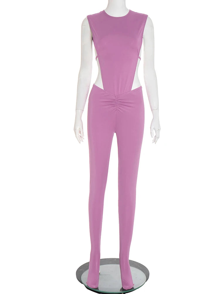 Sexy Women Tracksuit 2 Piece Set Sleeveless Side Split Bodysuit+Ruched Foot Leggings Matching Hipster Street Outfits