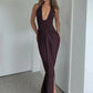 Deep V Neck Backless Slit Maxi Dress Brown 2026 Summer Classic Party Dresses for Woman Elegant