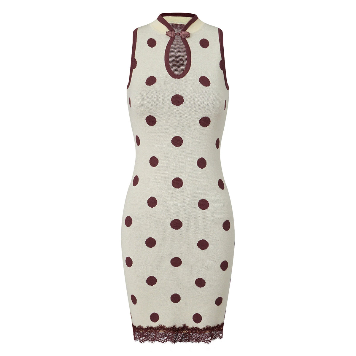 Knit Polka Dot Bodycon Mini Dress Women Sleeveless Halter Qipao Collar Keyhole Cutout Lace Hem Slim Short Pencil Dress