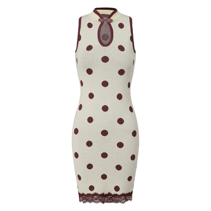 Knit Polka Dot Bodycon Mini Dress Women Sleeveless Halter Qipao Collar Keyhole Cutout Lace Hem Slim Short Pencil Dress
