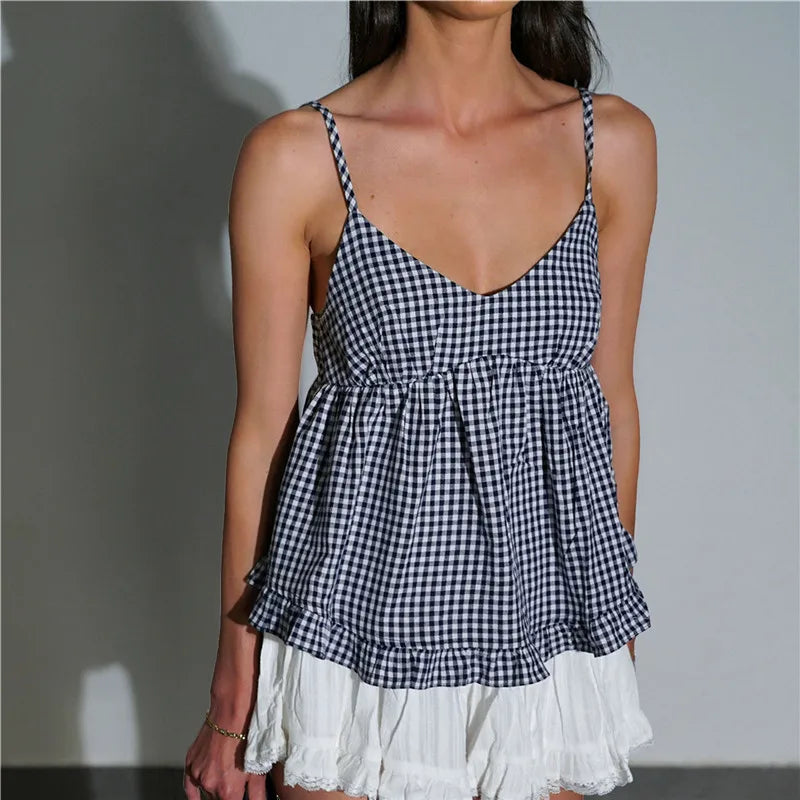 Summer Sleeveless V Neck Plaid Vest Sweet Girl Cute Ruffles Crop Top Vintage Y2k Tie Back Tank Tops for Woman Ins Style