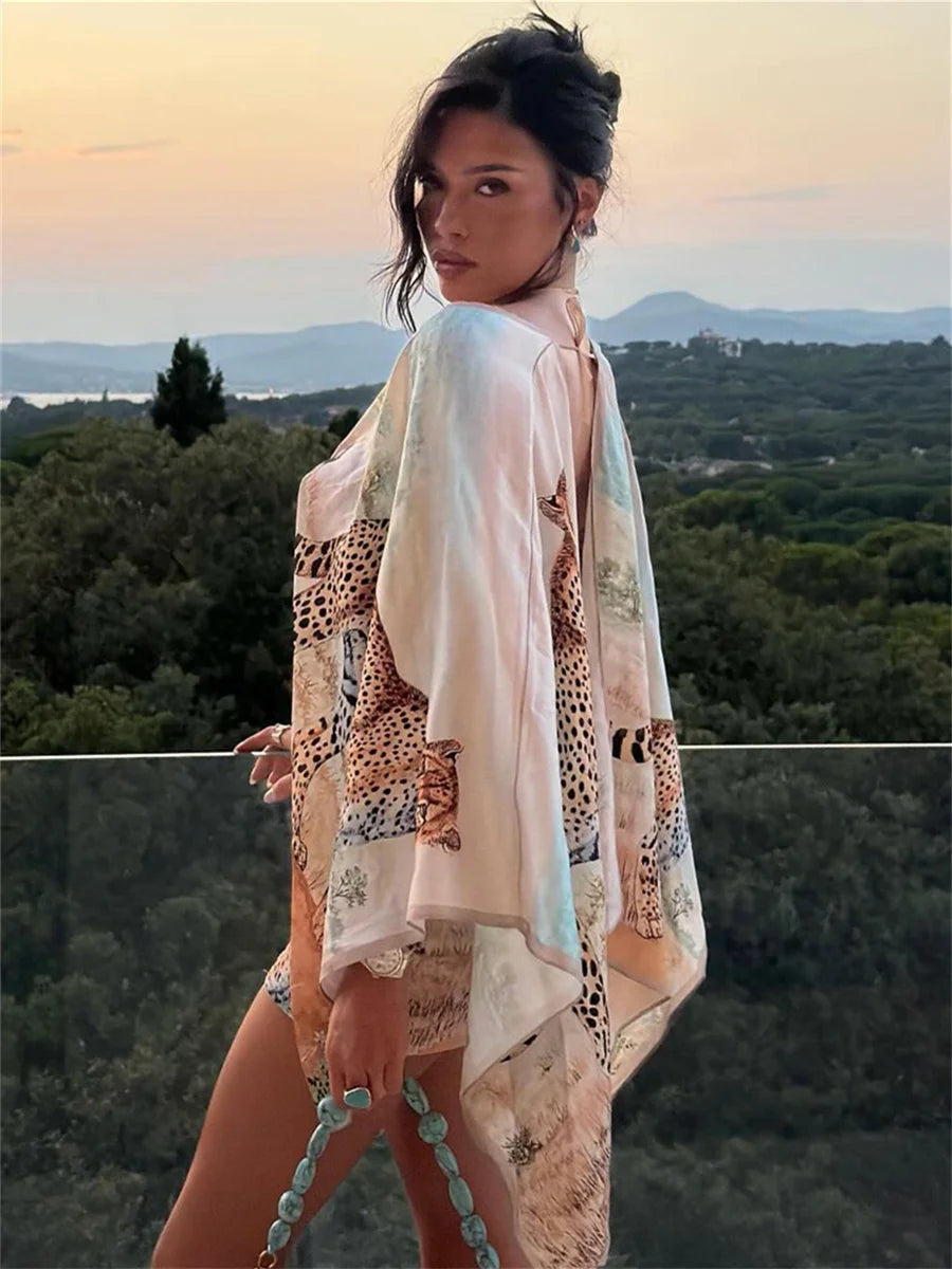 Colorful Leopard Print Dress Women Sexy Deep V-Neck Backless Patchwork Puff Sleeve Hottie Vacation Party Club Bodycon
