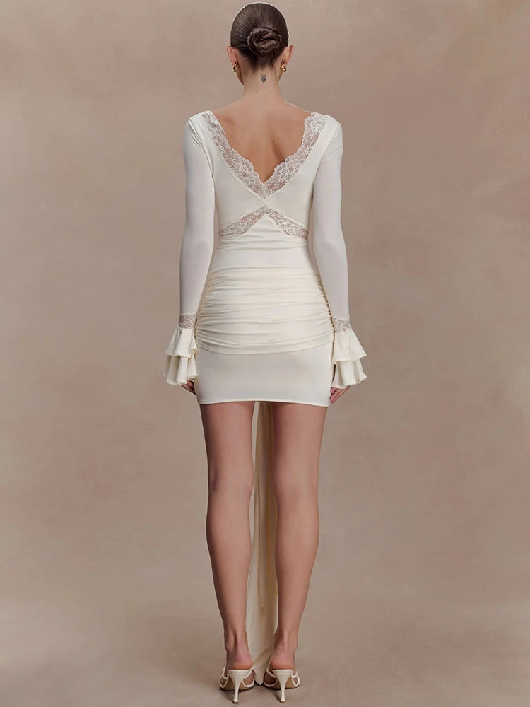 Slinky Lace Long Sleeve Sexy Mini Dress Women Elegant  Cut-out V Neck Backless Bodycon Club Party Dress Female Clothes