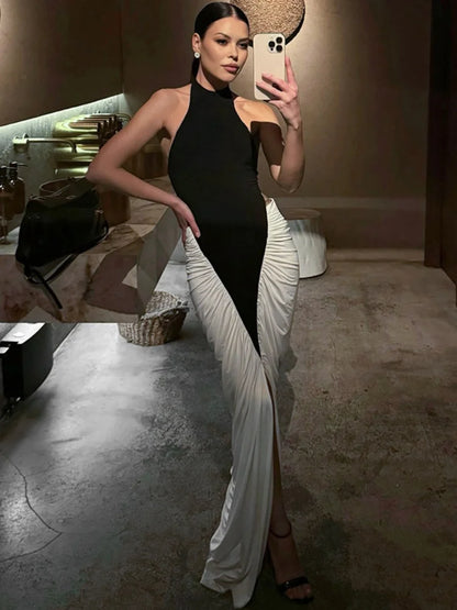 Black and White Patchwork Evening Dresses Woman Elegant Halter Neck Backless Ruched Long Maxi Dress