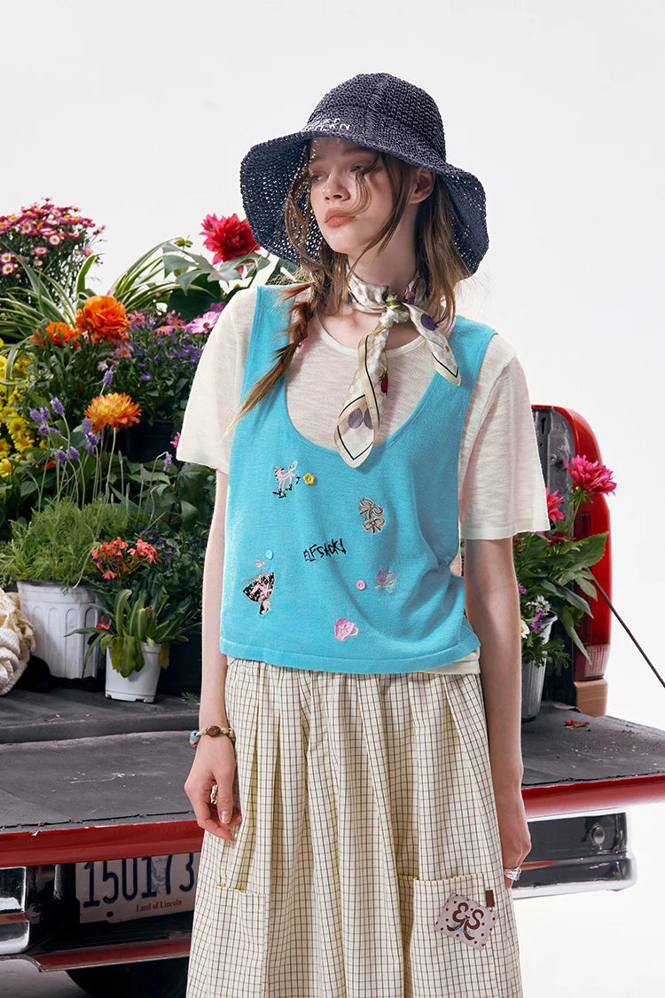 Women's Two Piece Knitwear, Cute Embroidered Tank Top + Short Sleeve T-Shirt, Casual Breathable Outfit for Daily
