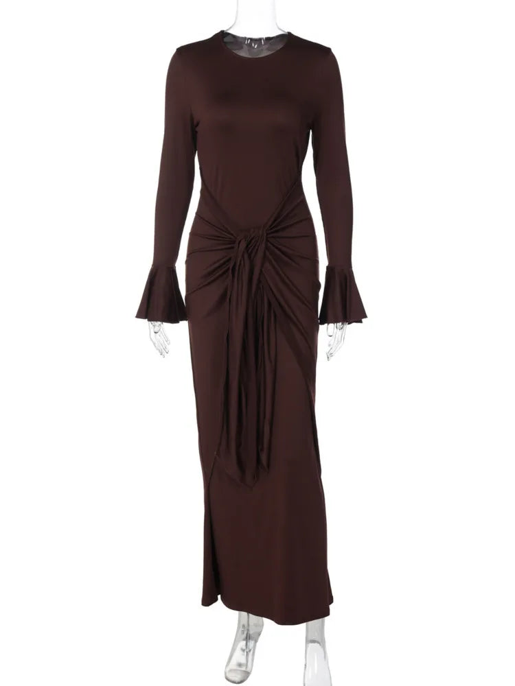 Flare Long Sleeve Draped Sexy Maxi Dress Women Gown Elegant O Neck High Waist Bodycon Club Party Long Dresses Female