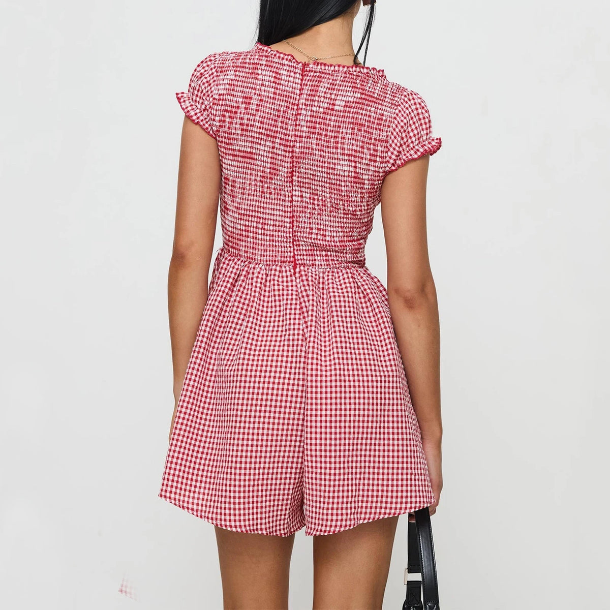 Women Y2k Gingham Playsuit Short Sleeve Smocked Babydoll Bodysuit Rompers Flowy A-Line Club Dress Retro Streetwear