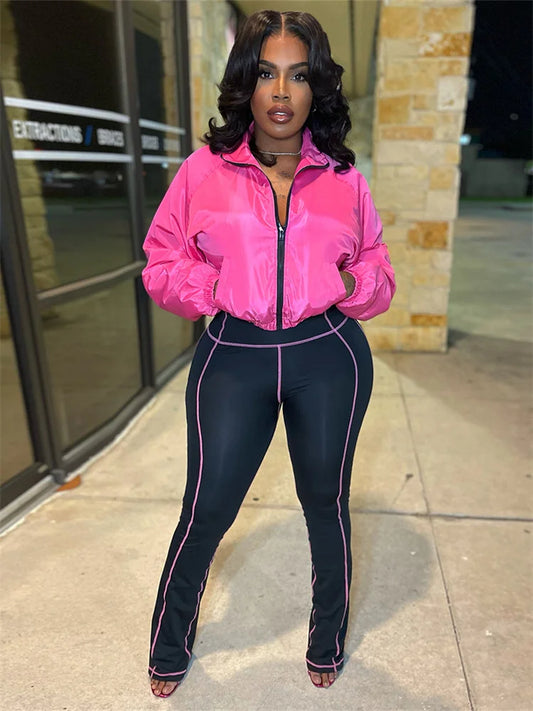 Cool Sporty Tracksuits 2-Piece Set Women Zip Jacket+Stripe Patchwork Stretch Pants Matching Casual Simple Silky Outfits