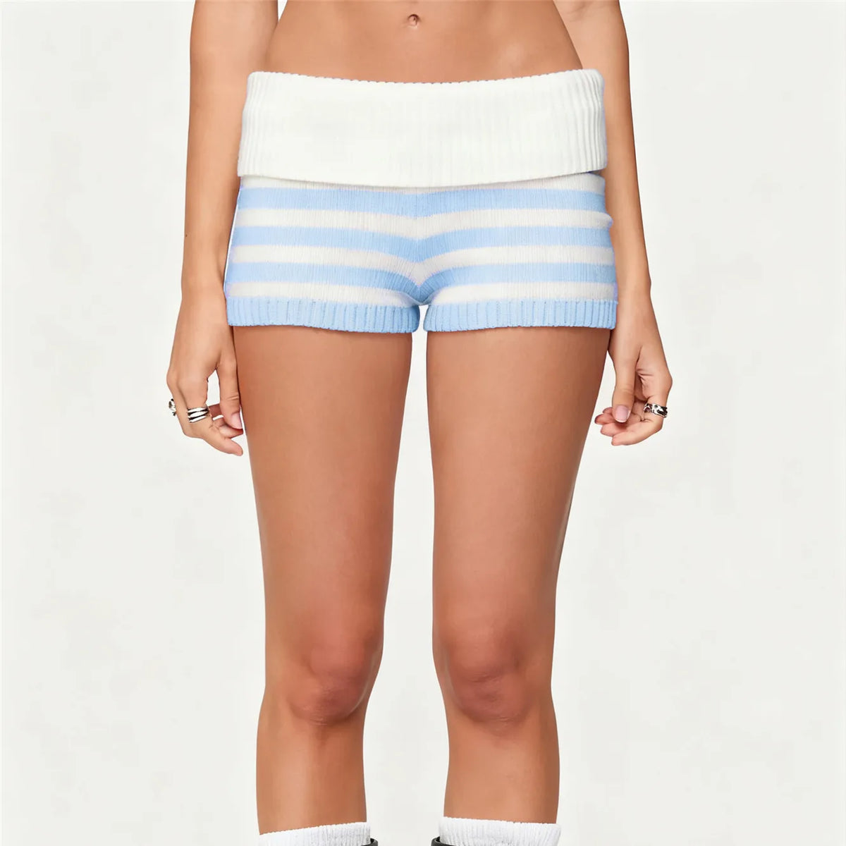 Women Y2k Knit Mini Shorts Striped Foldover Low Waist Elastic Slim Fit Vintage Going Out Micro Bottom Streetwear