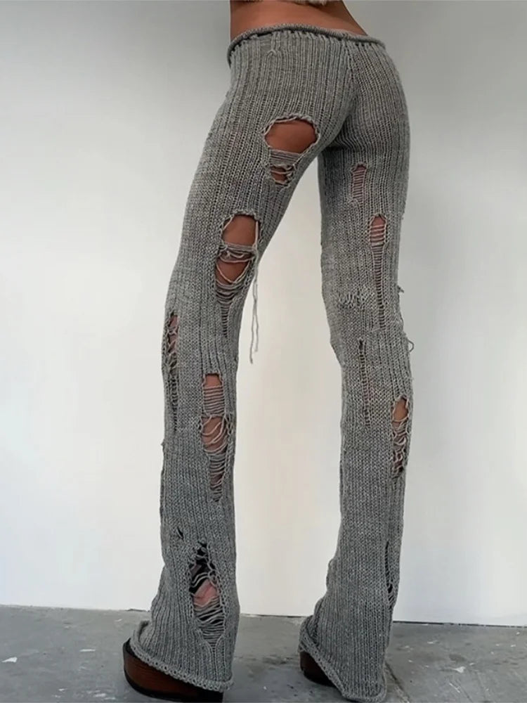 Low Rise Flare Pants Streetwear Trendy Hollow Hole Knitted Slim Trousers Women See Through Clothes