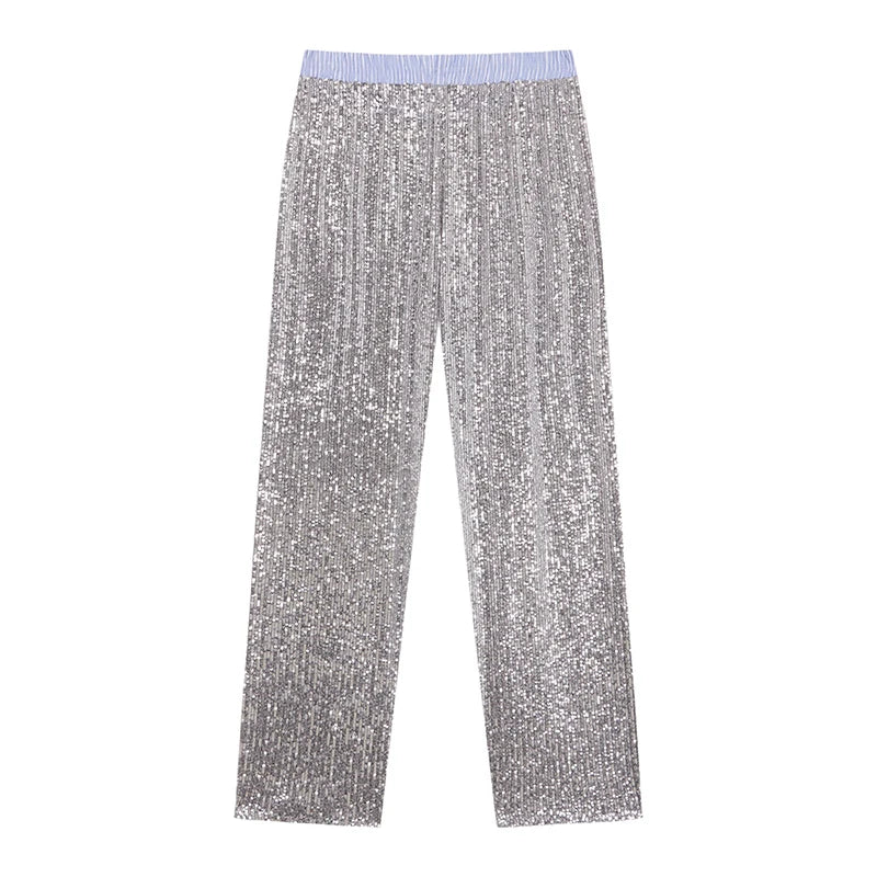 Sequin Loose Pants Two Piece Sets Women Patchwork Long Sleeve Shirt And Trouser Female Elegant Long Pants 2 Piece Sets